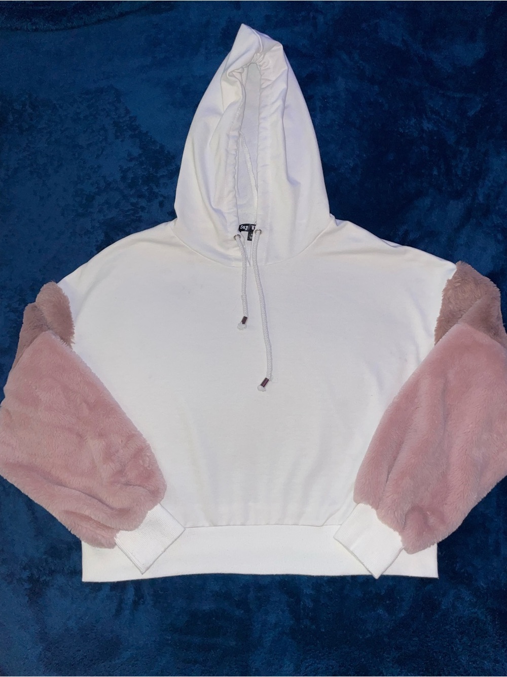 White Hoodie with Pink & Brown Faux-Fur Sleeves